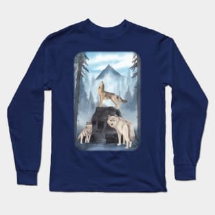 Three wolf hunting in misty forest night Howling Long Sleeve T-Shirt